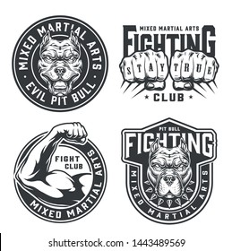 Vintage monochrome fight club badges with pitbull heads male fists and strong fighter arm isolated vector illustration