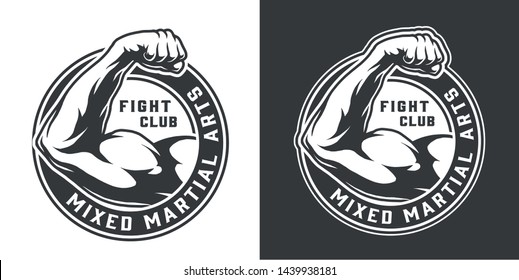 Vintage monochrome fight club emblem with strong fighter arm isolated vector illustration