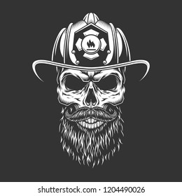 Vintage monochrome firefighter skull in helmet with beard and mustache isolated vector illustration