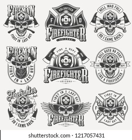 Vintage monochrome firefighting labels set with inscriptions skulls in fireman helmet eagle wings crossed axes bones isolated vector illustration