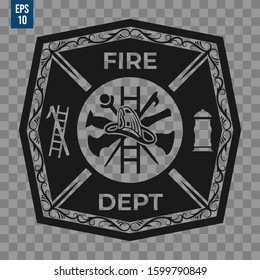 Vintage monochrome firefighting labels set with inscriptions crossed axes mask extinguisher hydrant ladder shovel isolated vector illustration