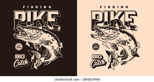 Vintage monochrome fishing badge with inscription and angry pike fish in water drops isolated vector illustration