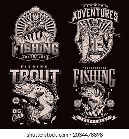 Vintage monochrome fishing badges with inscriptions smiling fisherman with fishing rod and rainbow trout and angler holding big perch isolated vector illustration