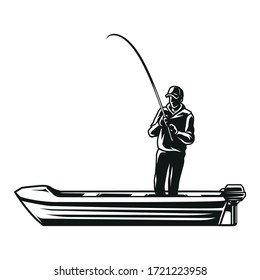 Vintage Monochrome Fishing Concept With Fisherman In Boat Isolated Vector Illustration