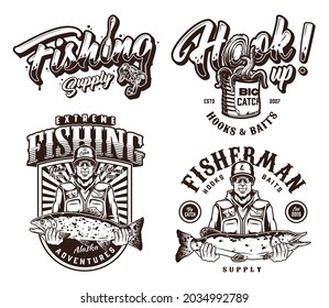 Vintage monochrome fishing emblems with inscriptions aluminum can full of worms fishing reel and float smiling anglers with big catch isolated vector illustration