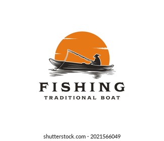 Vintage monochrome fishing logo concept with fisherman in traditional boat with sunset background inspiration