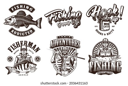 Vintage monochrome fishing prints with inscriptions perch skeleton can full of worms cheerful fishers in sunglasses and baseball caps holding pike and bass fishes isolated vector illustration