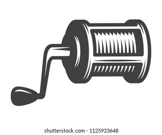Vintage monochrome fishing reel concept with spool and handle isolated vector illustration