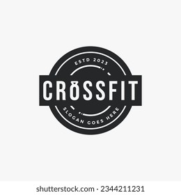 Vintage monochrome fitness gym CrossFit emblem logo on white background