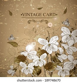 Vintage Monochrome Floral Card with Violets and Butterflies Vector Design element. 