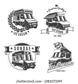 Vintage monochrome food trucks labels set with inscriptions and cars selling ice cream isolated vector illustration