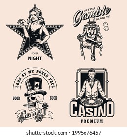 Vintage monochrome gambling labels with pretty poker lady skeleton with walking cane in tuxedo sitting on chair skull smoking cigar roulette wheel dice smiling croupier isolated vector illustration