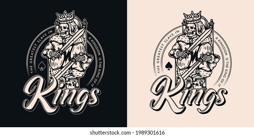 Vintage monochrome gambling logo with skeleton king in crown and mantle holding sword and sitting on throne isolated vector illustration