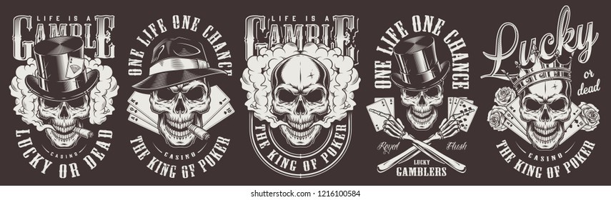 Vintage monochrome gambling prints set with gangster skulls wearing crown top and fedora hats roses smoking pipes playing cards smoke isolated vector illustration