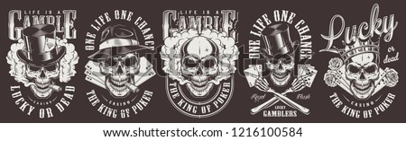 Vintage monochrome gambling prints set with gangster skulls wearing crown top and fedora hats roses smoking pipes playing cards smoke isolated vector illustration