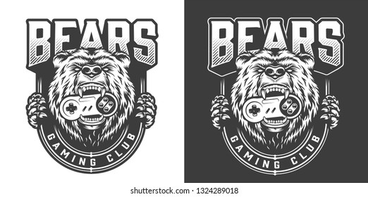 Vintage monochrome gaming club emblem with angry bear keeps joystick in his mouth isolated vector illustration