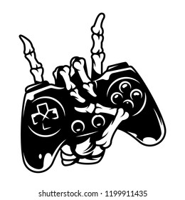 Vintage monochrome gaming concept with skeleton hand holding joystick and showing rock gesture isolated vector illustration