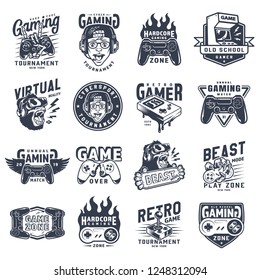 Vintage Monochrome Gaming Emblems Set With Inscriptions Videogame Equipment Devices And Gadgets Isolated Vector Illustration