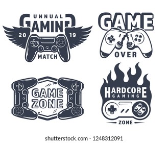 Vintage monochrome gaming prints set with inscriptions joysticks and retro gamepads isolated vector illustration