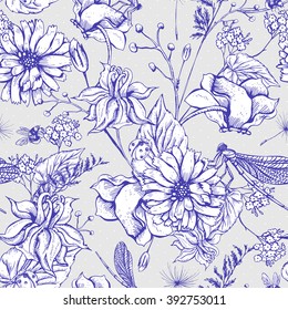 Vintage monochrome garden flowers vector seamless pattern, Botanical shabby chic illustration wildflowers, dragonflies, bees, ladybird, daisies leaves and twigs Floral design elements.