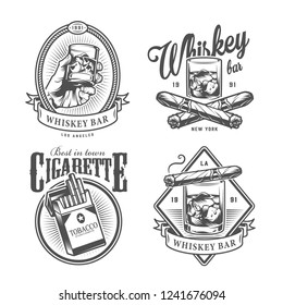 Vintage monochrome gentleman club labels with hand holding glass of whiskey crossed cuban cigars pack of cigarettes isolated vector illustration