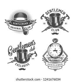 Vintage monochrome gentleman emblems set with fedora and top hat smoking pipe crossed umbrellas pocket watches isolated vector illustration