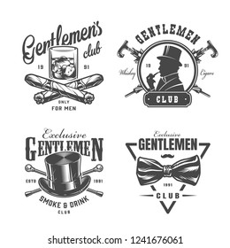 Vintage monochrome gentleman labels set with whiskey glass crossed cigars canes british man elegant top hat bowtie isolated vector illustration