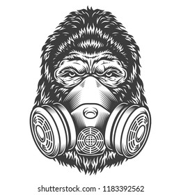 Vintage monochrome gorilla head with gas mask isolated vector illustration
