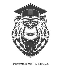 Vintage monochrome graduate bear head in graduation cap isolated vector illustration