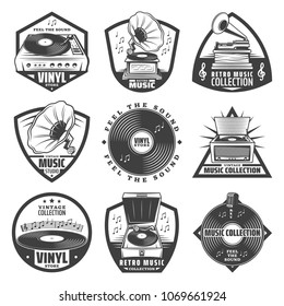 Vintage monochrome gramophone labels set with inscriptions turntable vinyl records phonograph microphone music notes isolated vector illustration