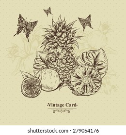 Vintage Monochrome Greeting Card Tropical Fruit, Flowers, Butterfly and Birds, Vector Illustration. Pineapple and Lemons