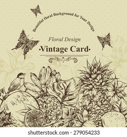 Vintage Monochrome Greeting Card Tropical Fruit, Flowers, Butterfly and Birds, Vector Illustration. Pineapple and Pomegranate, Lemon Banana and Hibiscus