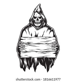 Vintage monochrome Halloween concept with grim reaper holding blank wooden plate isolated vector illustration