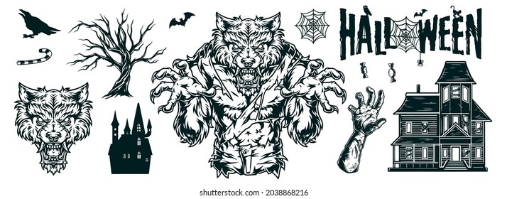 Vintage monochrome Halloween elements set with spooky werewolf zombie hand crow bat dry tree candies abandoned haunted houses inscription and cobweb isolated vector illustration