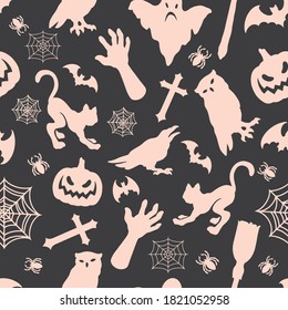 Vintage monochrome Halloween seamless pattern with ghost cat bat spider owl crow cross zombie hand pumpkin spiderweb witch broom light silhouettes on dark background vector illustration