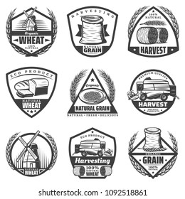 Vintage monochrome harvesting labels set with wheat ears flour wreathes hay bales windmill baking products harvester isolated vector illustration