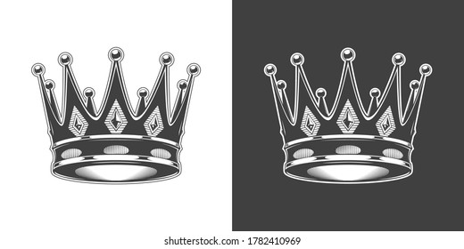 Vintage monochrome highly detailed crown illustration. Isolated vector template