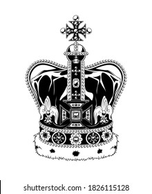 Vintage monochrome highly detailed crown illustration. Isolated vector template