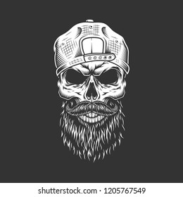 Vintage monochrome hipster skull in cap with beard and mustache isolated vector illustration