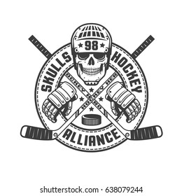 Vintage monochrome hockey emblem with a skull, sticks, gloves and a circular ribbon. Vector illustration.