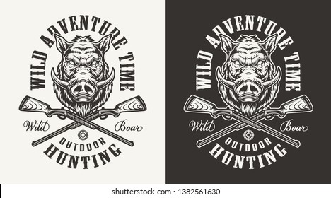 Vintage monochrome hog hunting print with boar head and crossed guns isolated vector illustration