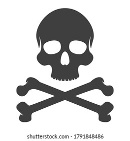 Vintage monochrome human skull with crossbones isolated on white background. Hand drawn design element template for emblem, print, cover, poster. Vector illustration.