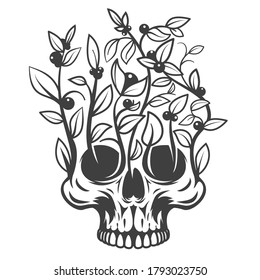 Vintage monochrome human skull with floral elements isolated on white background. Abstract hand drawn design element template for emblem, print, cover, poster. Vector illustration.