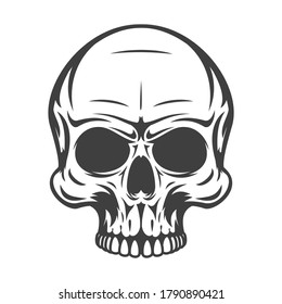 Vintage monochrome human skull isolated on white background. Hand drawn design element template for emblem, print, cover, poster. Vector illustration.