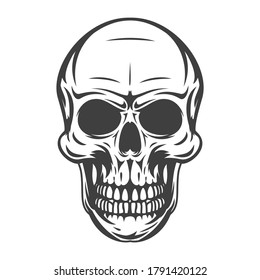 Vintage monochrome human skull isolated on white background. Hand drawn design element template for emblem, print, cover, poster. Vector illustration.