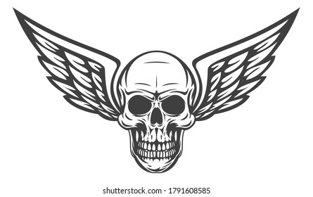 Vintage monochrome human skull with wing isolated on white background. Hand drawn design element template for emblem, print, cover, poster. Vector illustration.