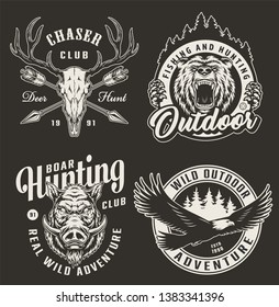 Vintage monochrome hunting club logos with angry bear and hog heads deer skull crossed arrows forest silhouette flying eagle isolated vector illustration