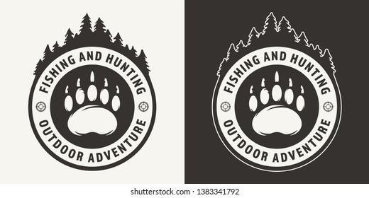 Vintage monochrome hunting round emblem with bear footprint and forest silhouette isolated vector illustration