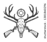 Vintage monochrome hunting template with deer skull crossed guns and rifle sight isolated vector illustration