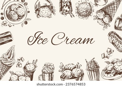 Vintage monochrome ice cream template, hand-drawn. The concept of dessert, a sweet dish in a vintage doodle style. A template with an empty space in the center in the form of an oval.